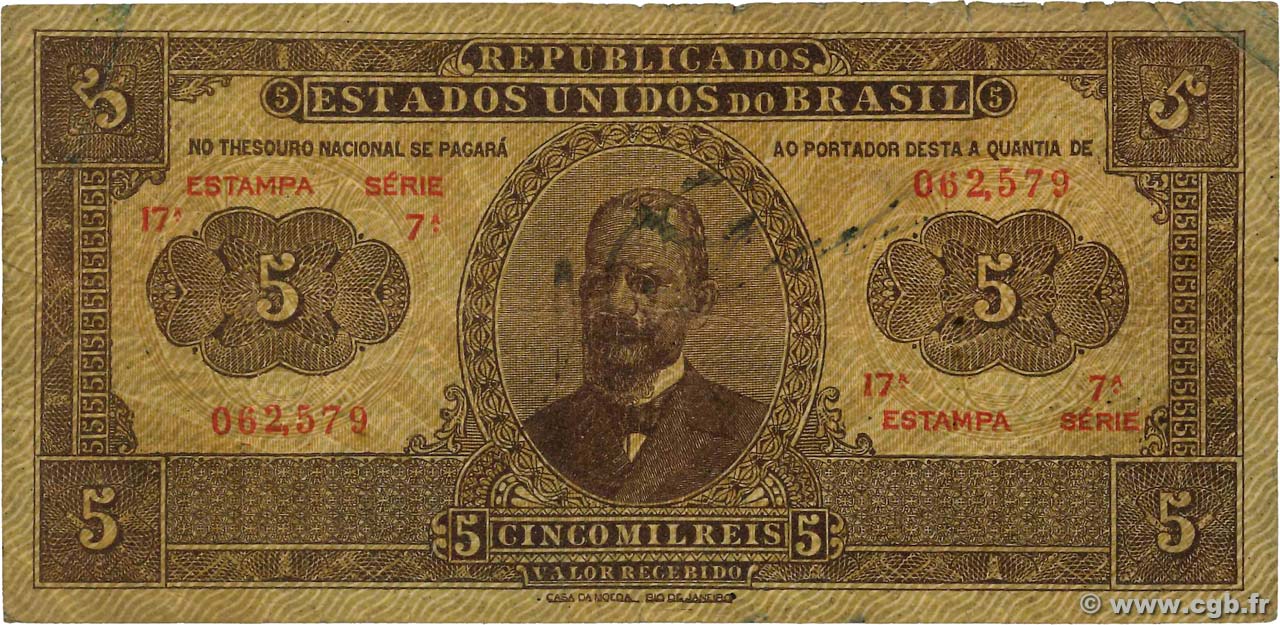 5 Mil Reis BRAZIL  1922 P.027 F