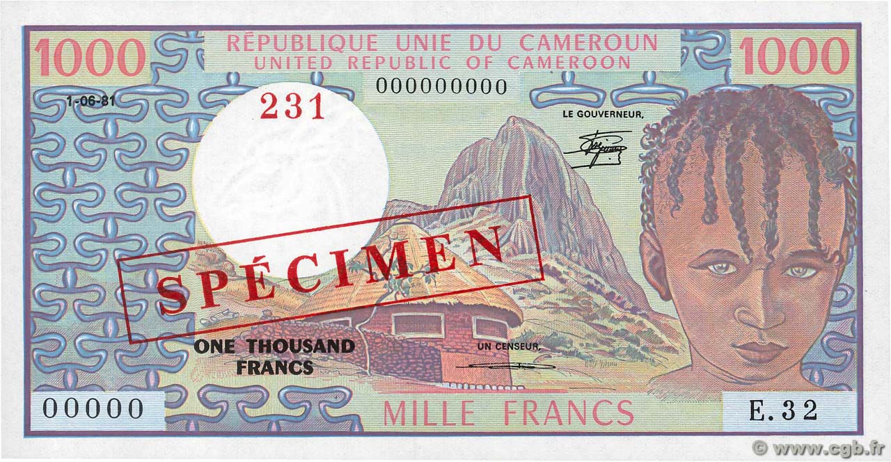1000 Francs Spécimen KAMERUN  1981 P.16ds fST+