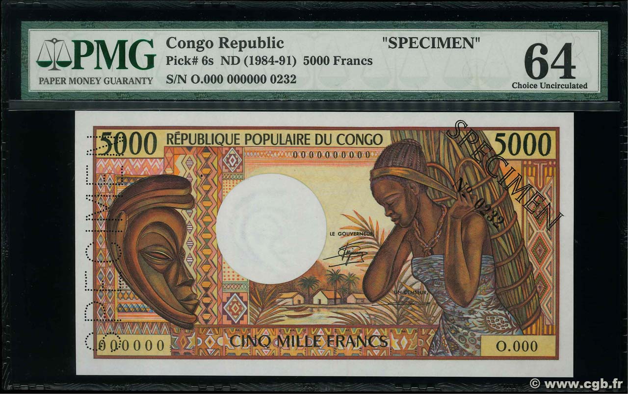 5000 Francs Spécimen CONGO  1984 P.06as NEUF