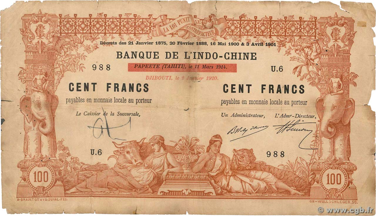 100 Francs DSCHIBUTI   1920 P.04b GE