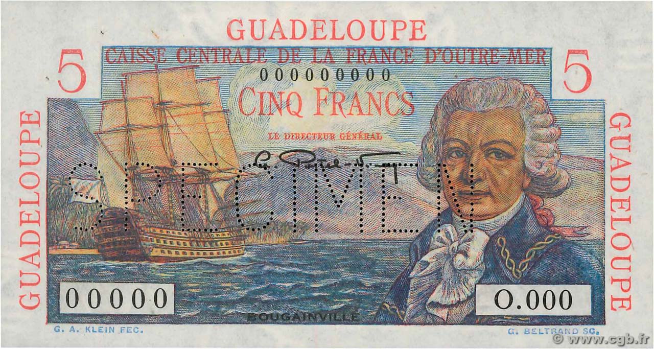 5 Francs Bougainville Spécimen GUADELOUPE  1946 P.31s SUP+
