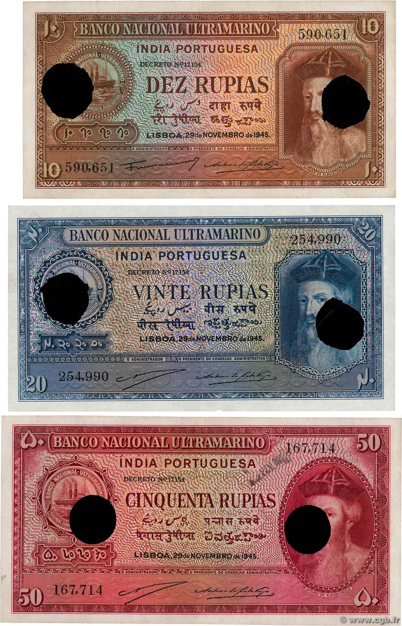 10, 20 et 50 Rupias Annulé INDIA PORTOGHESE  1945 P.036, P.037 et P.038 SPL