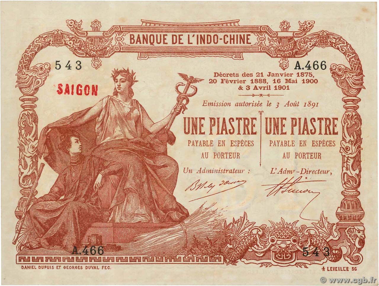 1 Piastre - 1 Piastre FRENCH INDOCHINA Saïgon 1909 P.034b XF+