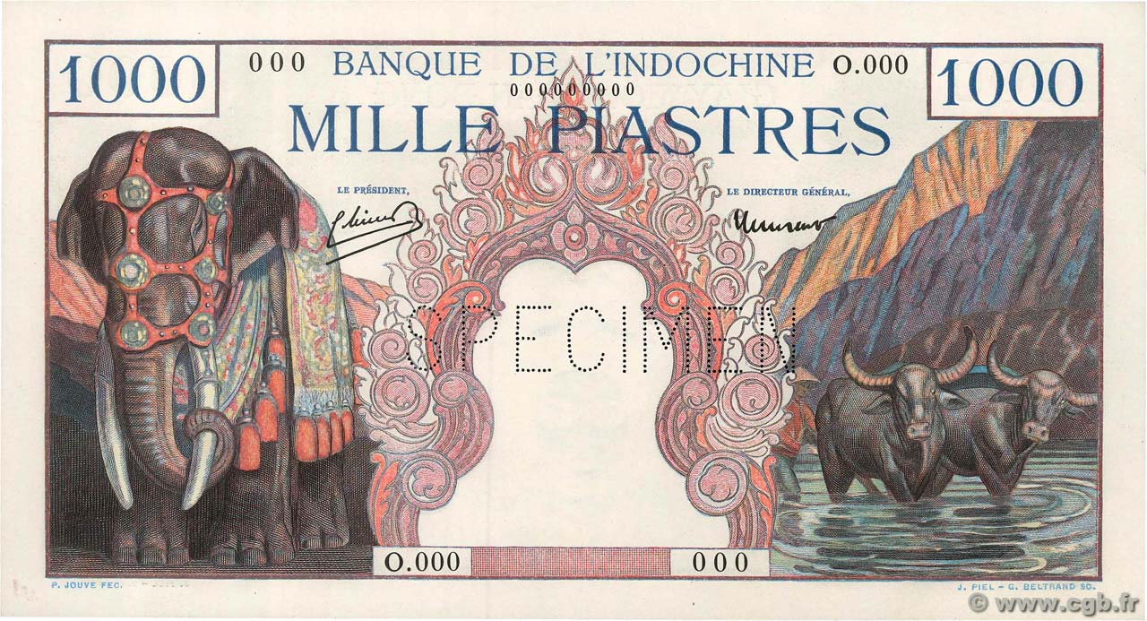 1000 Piastres Spécimen FRENCH INDOCHINA  1951 P.084s1 UNC-
