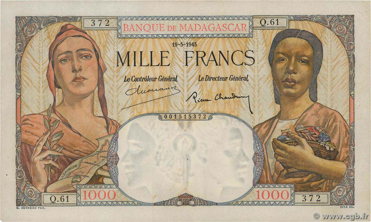 1000 Francs MADAGASKAR  1945 P.041 SS