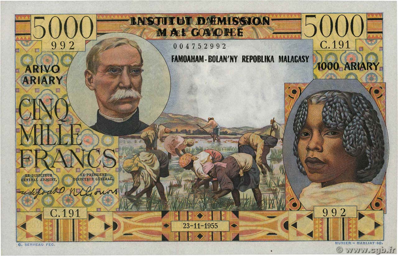5000 Francs - 1000 Ariary MADAGASCAR  1955 P.055 UNC-