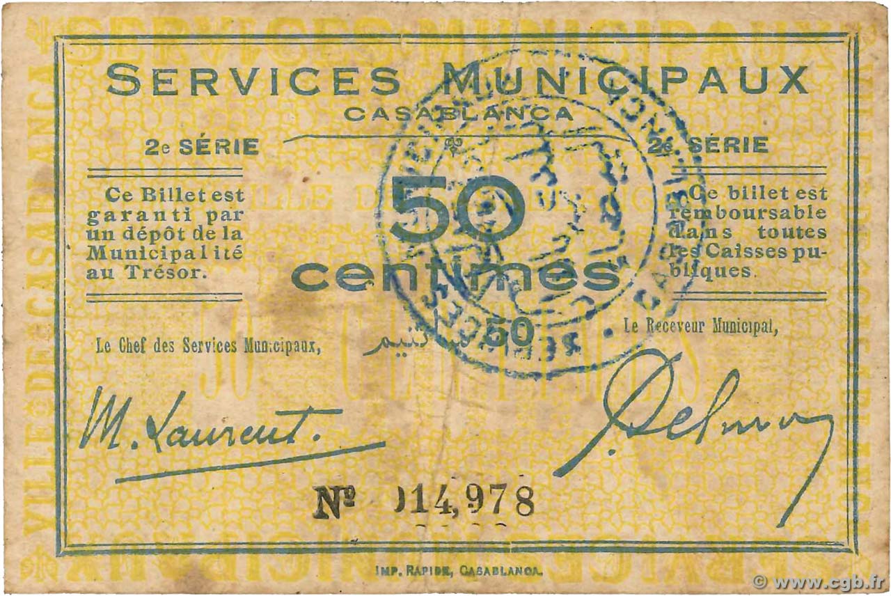 50 Centimes MOROCCO Casablanca 1919 P.-- F