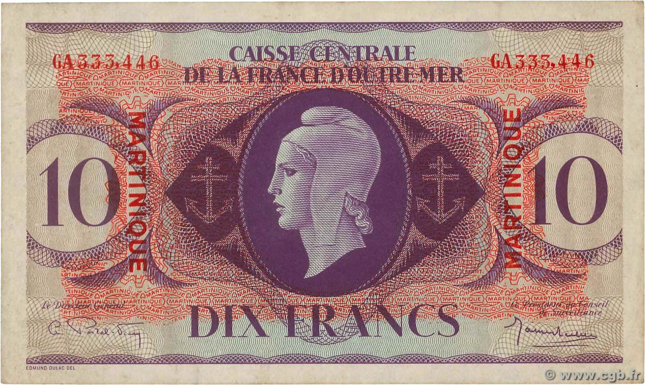 10 Francs Type anglais MARTINIQUE  1944 P.23 VF+