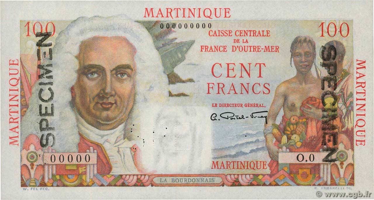 100 Francs La Bourdonnais Spécimen MARTINIQUE  1946 P.31s q.FDC