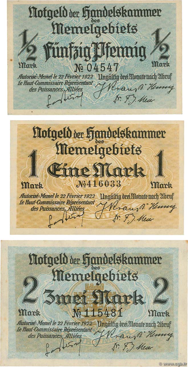 1/2, 1 et 2 Mark Lot MEMEL  1922 P.01, P.02 et P.03a SPL+