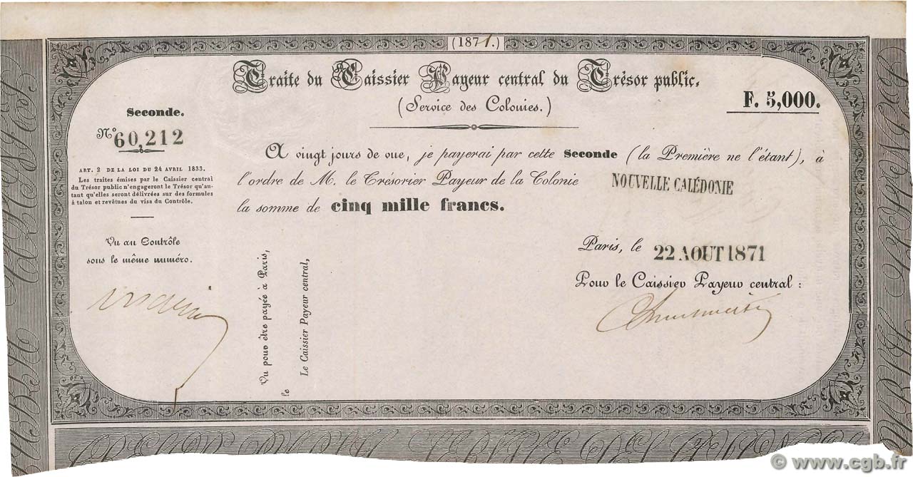5000 Francs NOUVELLE CALÉDONIE  1870 Kol.- (86bis) SPL