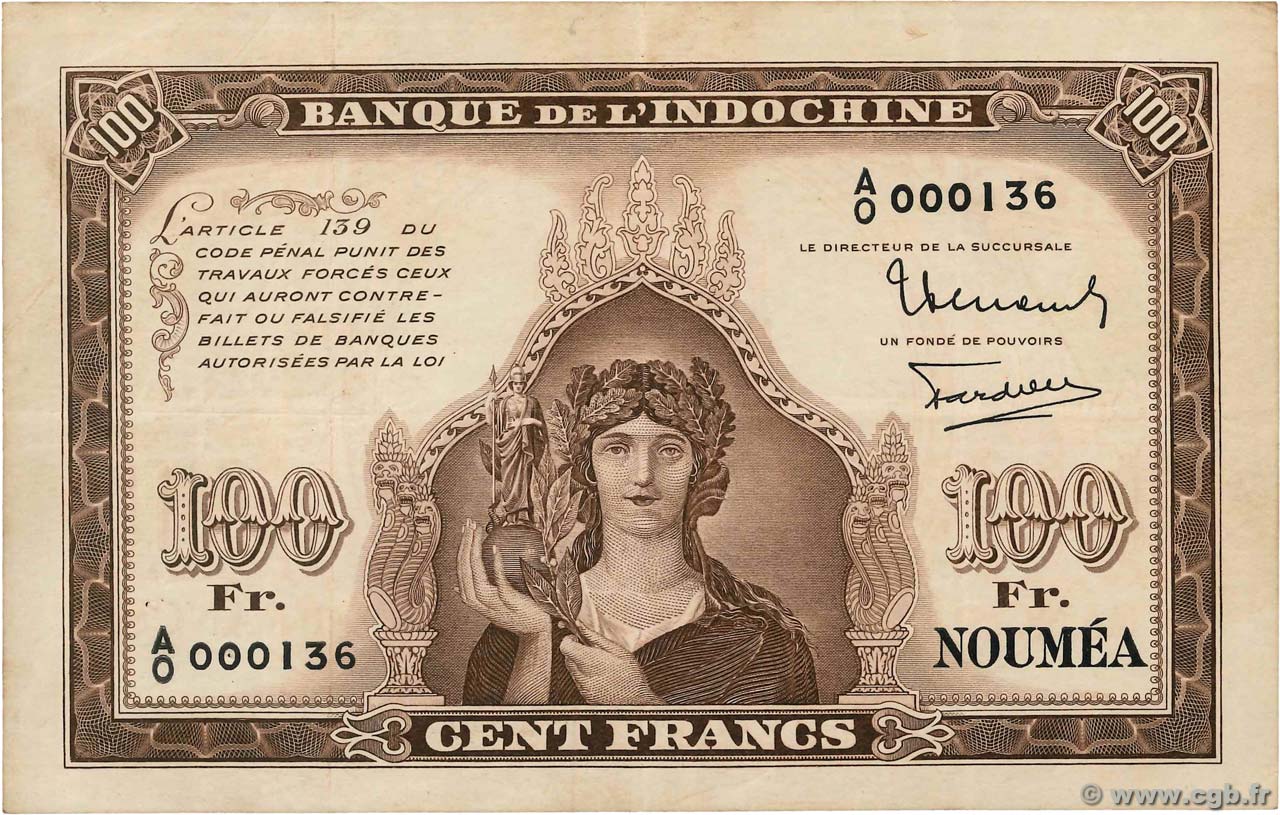 100 Francs Petit numéro NEW CALEDONIA  1942 P.44 VF