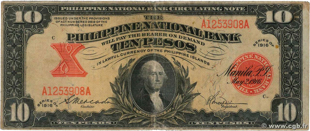 10 Pesos PHILIPPINES  1916 P.047b VF-