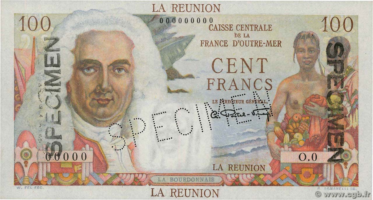 100 Francs La Bourdonnais Spécimen REUNION ISLAND  1946 P.45s UNC