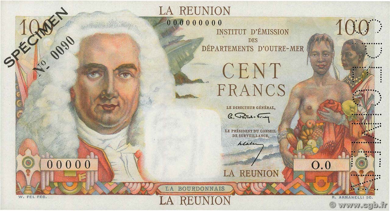 100 Francs La Bourdonnais Spécimen REUNION  1960 P.49s UNC-