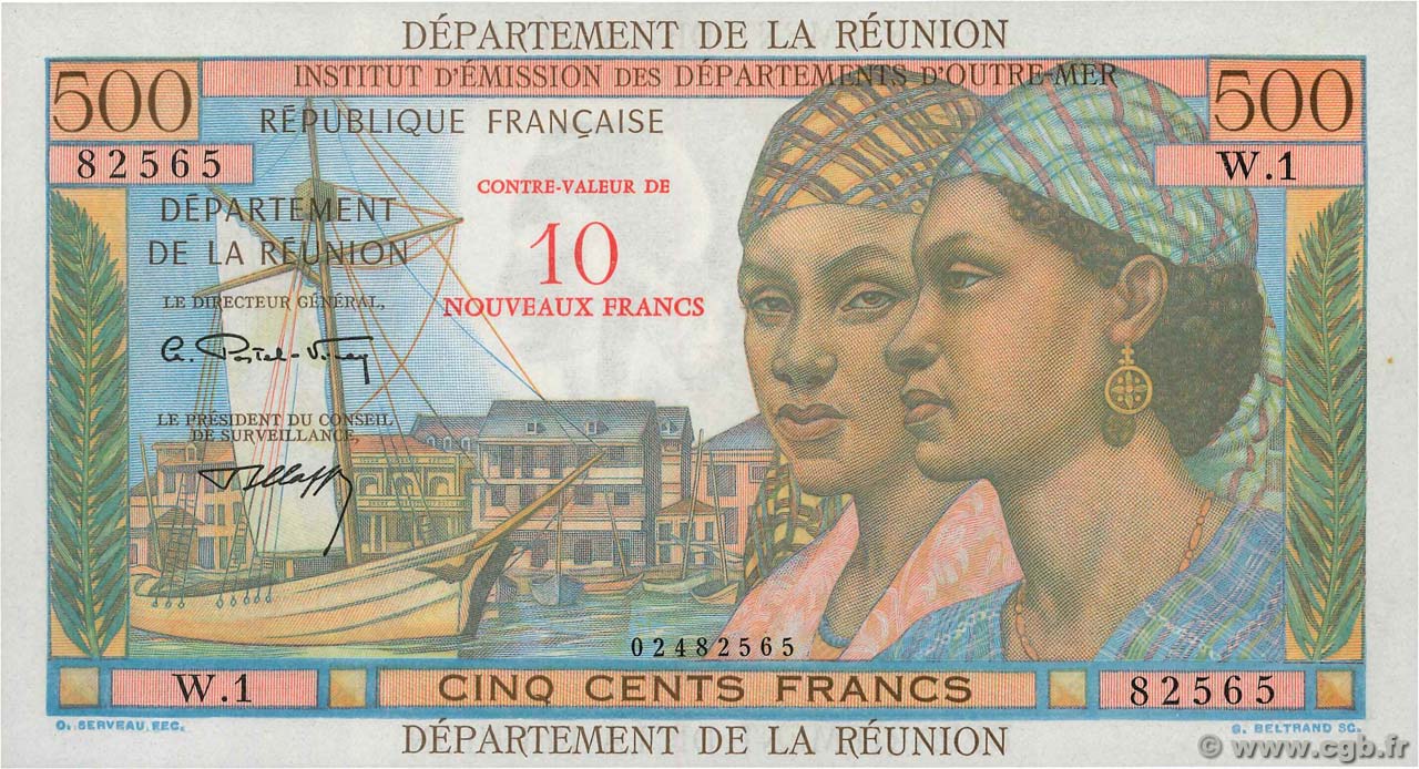 10 NF sur 500 Francs Pointe à Pitre ÎLE DE LA RÉUNION  1967 P.54b NEUF