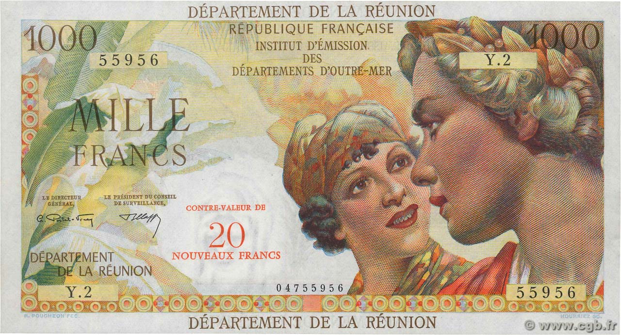 20 NF sur 1000 Francs Union Française ISLA DE LA REUNIóN  1971 P.55b SC