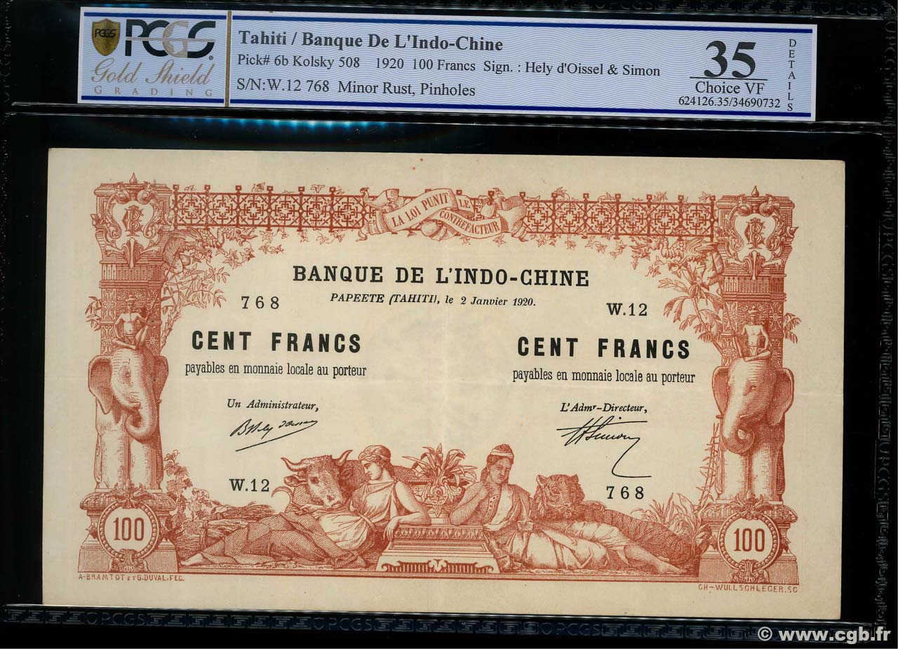 100 Francs TAHITI  1920 P.06b VF+