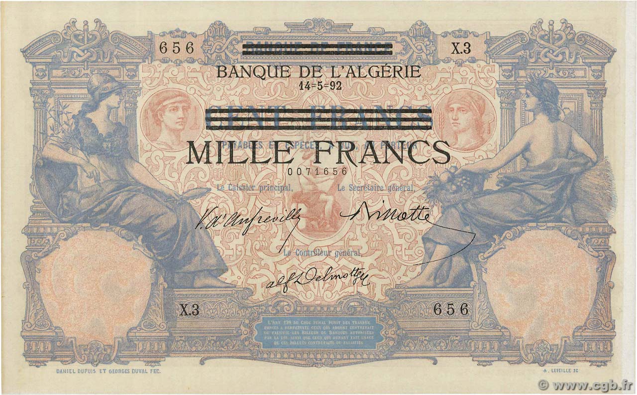 1000 Francs sur 100 Francs TUNISIE  1892 P.31 pr.NEUF