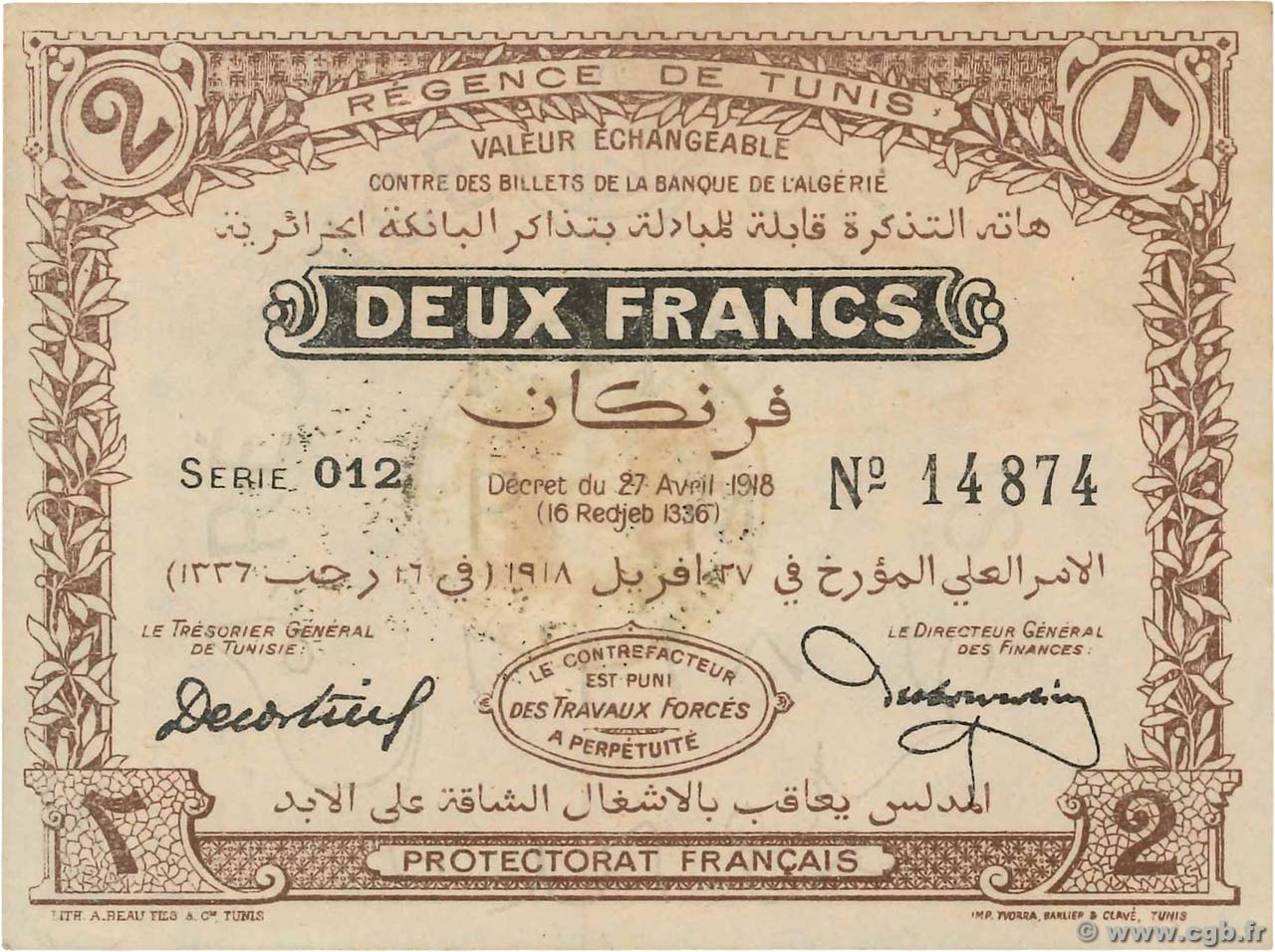 2 Francs TUNISIE  1918 P.37c SPL