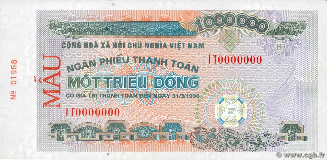 1000000 Dong Spécimen VIET NAM  1996 P.(114s) UNC