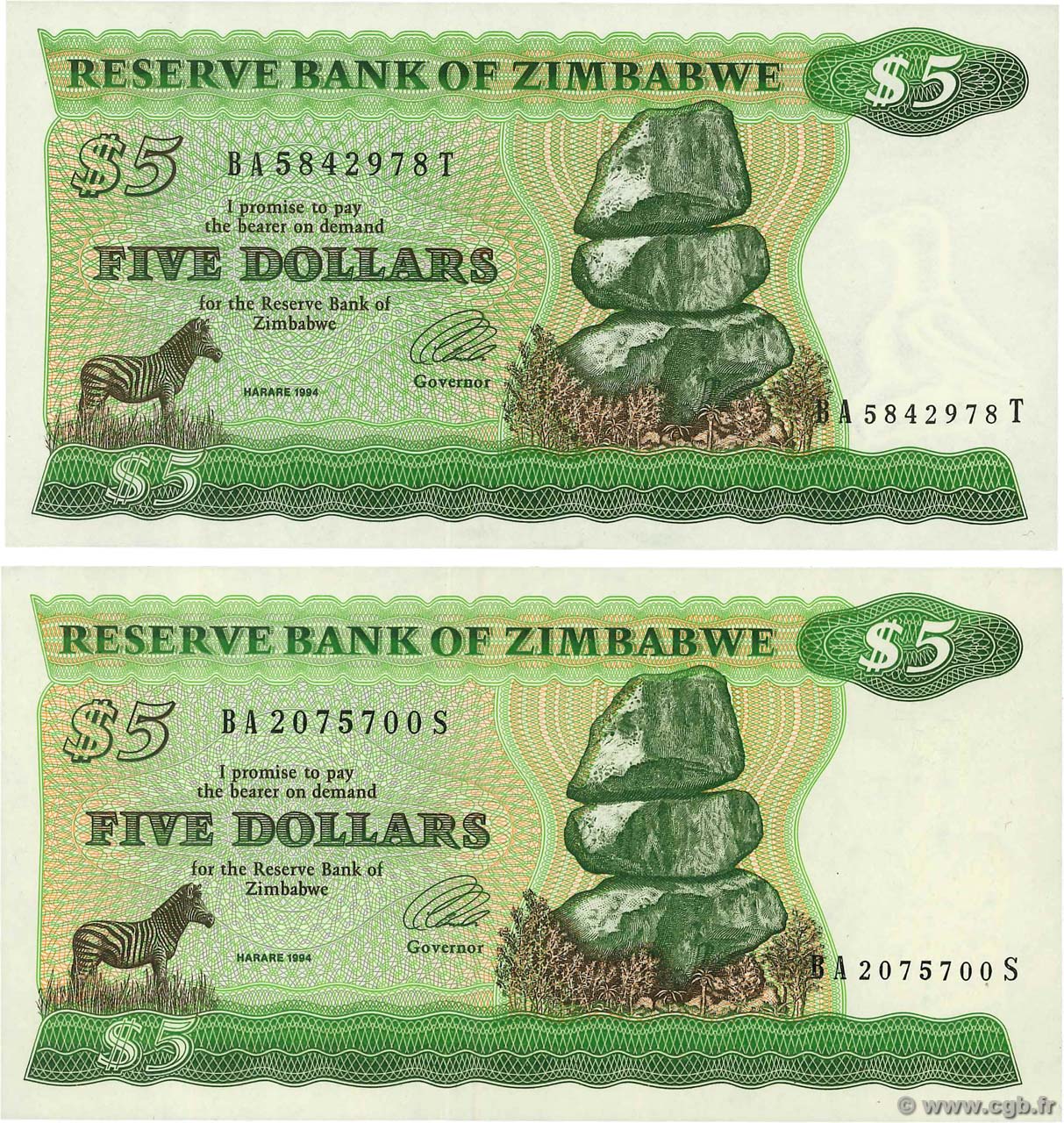 5 Dollars Lot ZIMBABWE Harare 1994 P.02d et P.02e pr.NEUF