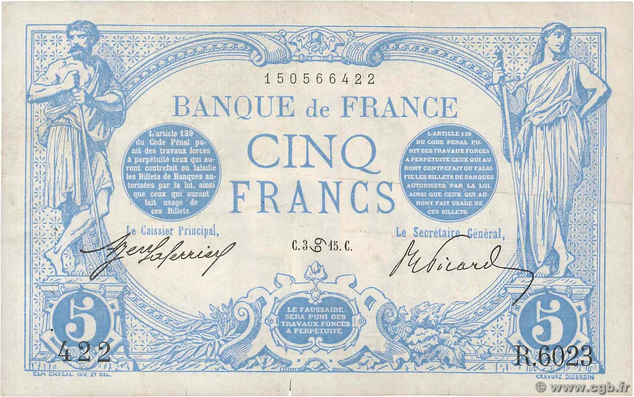 5 Francs BLEU FRANKREICH  1915 F.02.25 fVZ