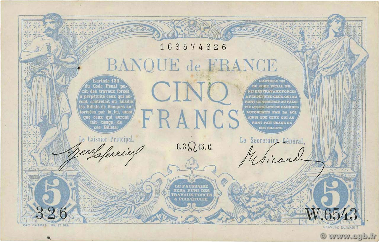 5 Francs BLEU FRANCE  1915 F.02.26 VF+