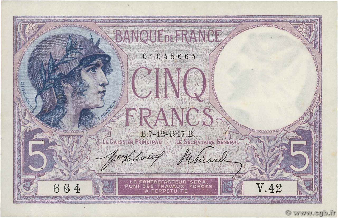 5 Francs FEMME CASQUÉE FRANCE  1917 F.03.01 pr.SUP