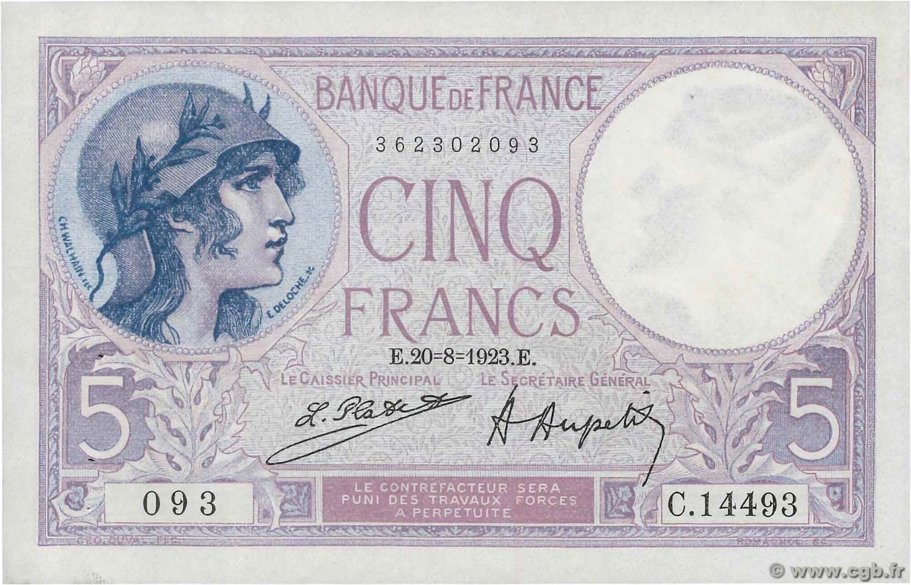 5 Francs FEMME CASQUÉE FRANCE  1923 F.03.07 XF+