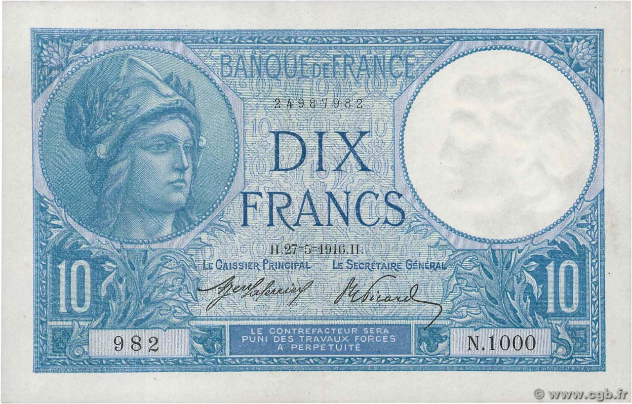 10 Francs MINERVE FRANCE  1916 F.06.01 SUP
