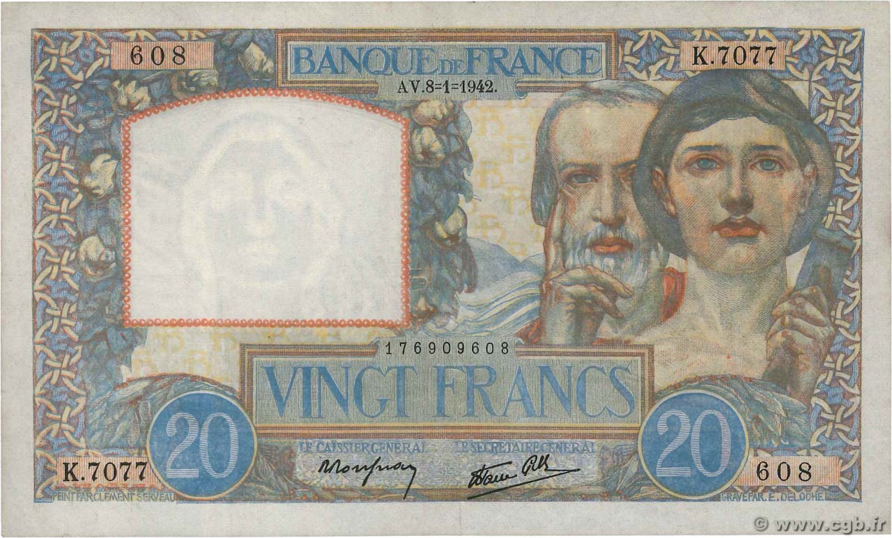 20 Francs TRAVAIL ET SCIENCE FRANCE  1942 F.12.21 XF