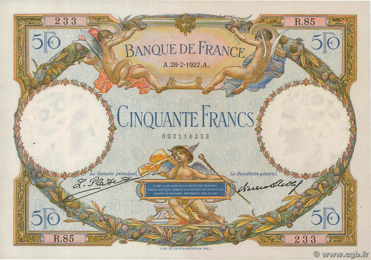50 Francs LUC OLIVIER MERSON FRANKREICH  1927 F.15.01 VZ