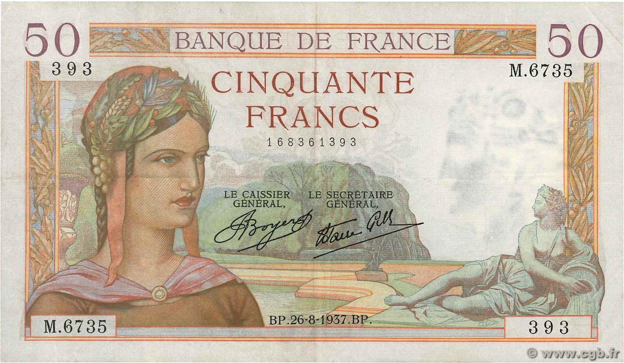 50 Francs CÉRÈS modifié FRANCIA  1937 F.18.02 MBC+
