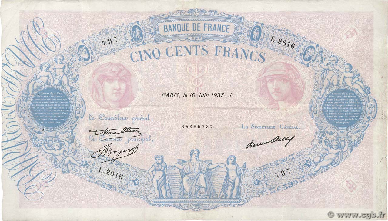 500 Francs BLEU ET ROSE FRANKREICH  1937 F.30.38 fSS