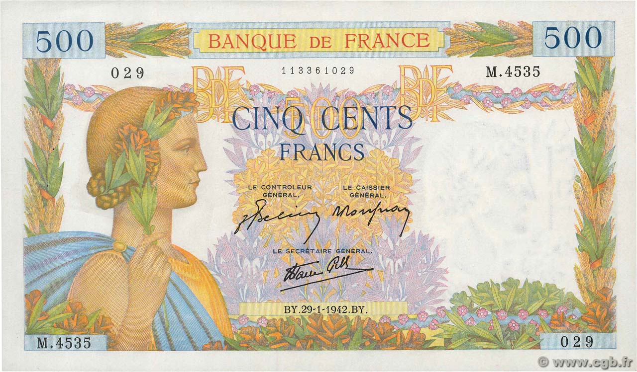 500 Francs LA PAIX FRANCIA  1942 F.32.28 q.AU
