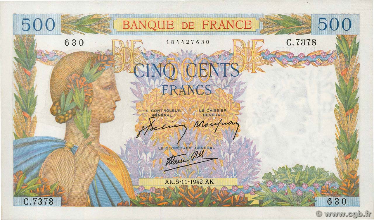 500 Francs LA PAIX FRANCE  1942 F.32.43 XF