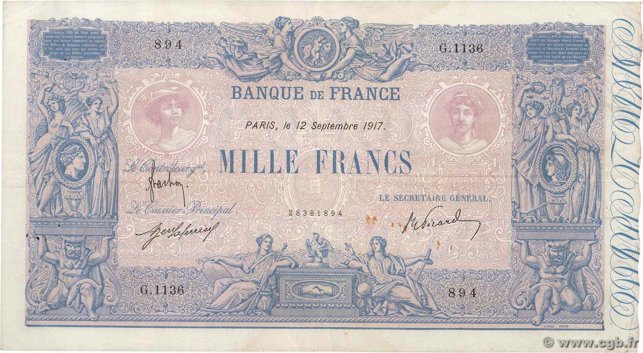 1000 Francs BLEU ET ROSE FRANCIA  1917 F.36.31 BB