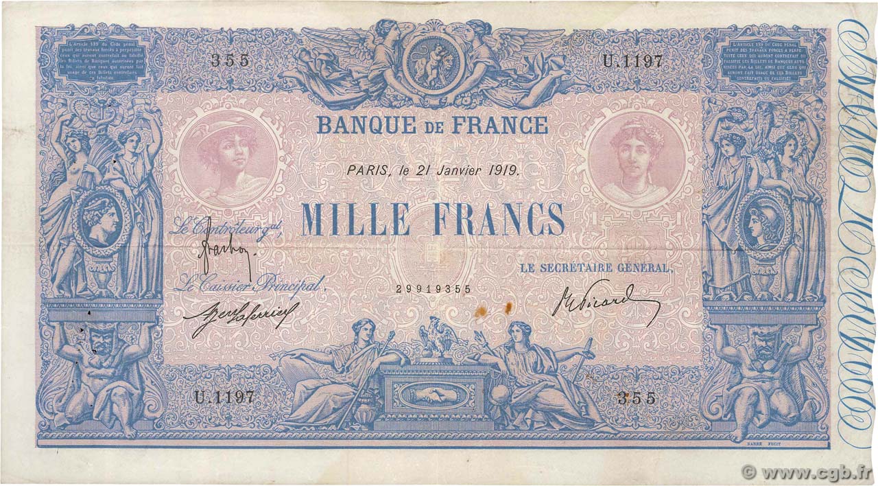 1000 Francs BLEU ET ROSE FRANCIA  1919 F.36.33 MBC