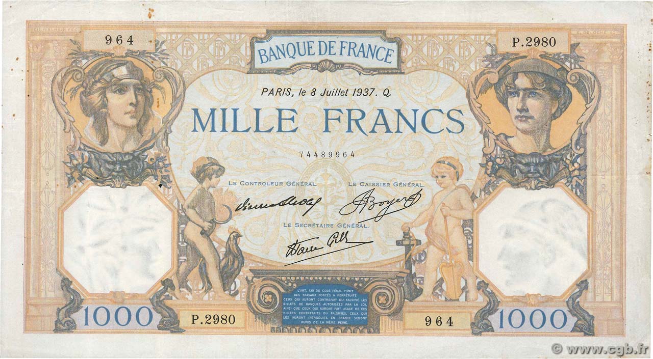 1000 Francs CÉRÈS ET MERCURE type modifié FRANKREICH  1937 F.38.01 fSS