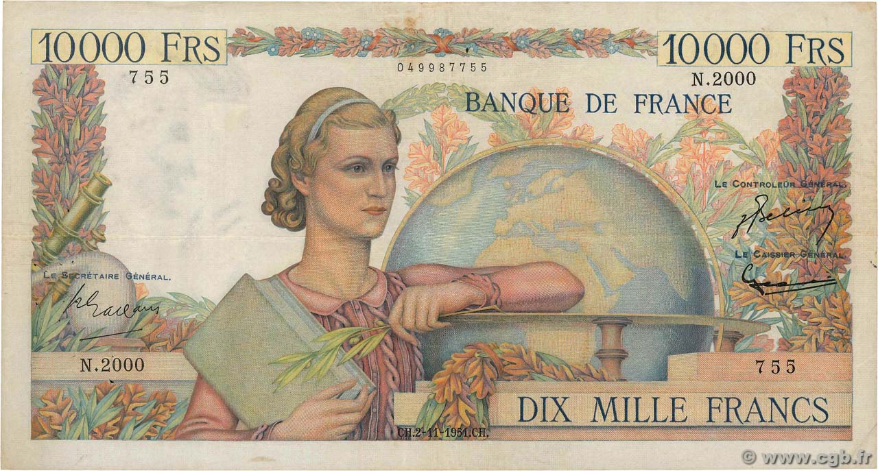 10000 Francs GÉNIE FRANÇAIS FRANCE  1951 F.50.54 F+