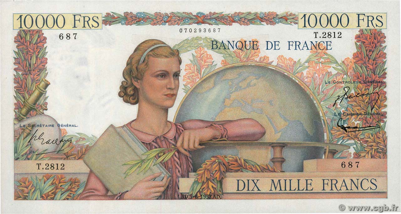 10000 Francs GÉNIE FRANÇAIS FRANKREICH  1952 F.50.59 VZ+