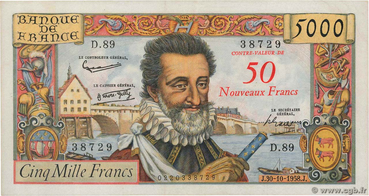 50 NF sur 5000 Francs HENRI IV Petit numéro FRANKREICH  1958 F.54.01 fVZ