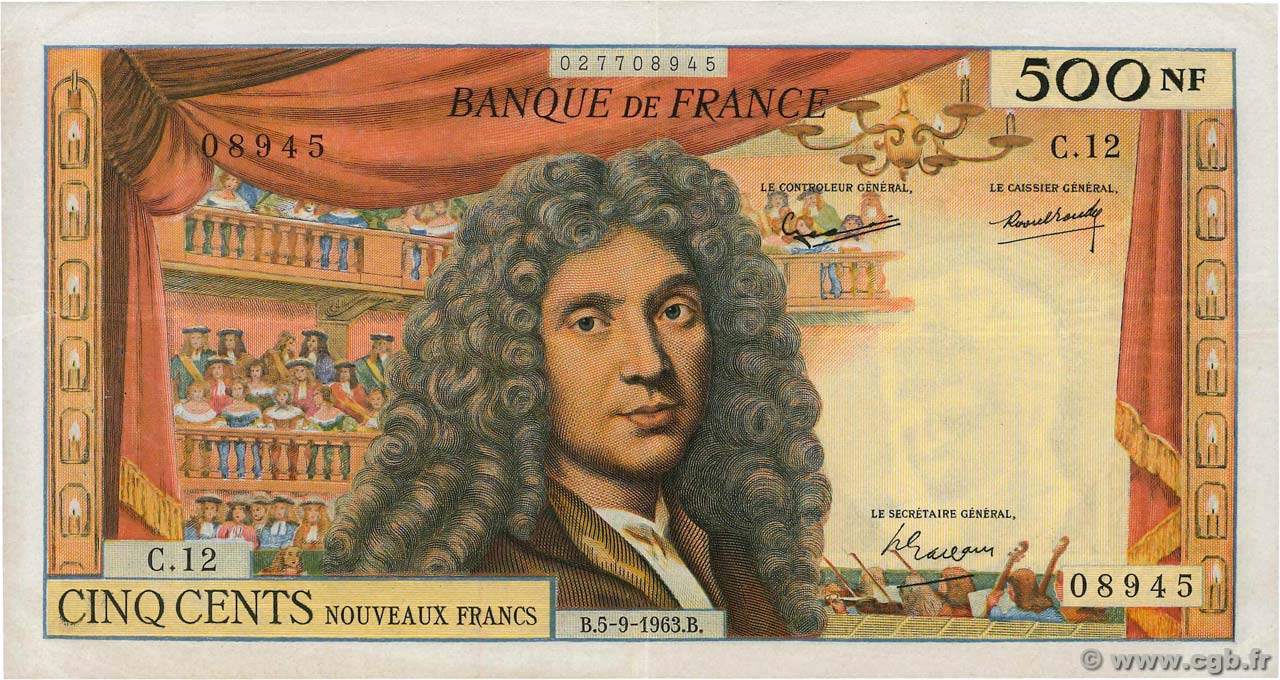 500 Nouveaux Francs MOLIÈRE FRANCE  1963 F.60.05 VF-