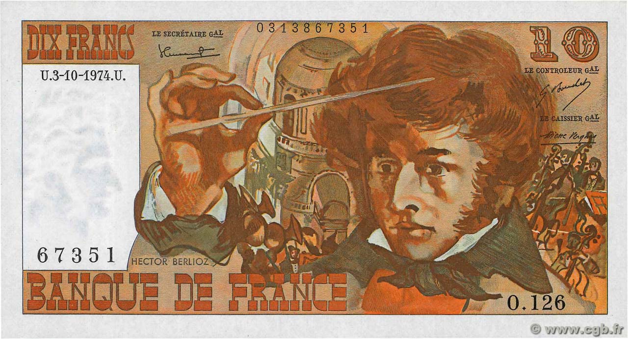 10 Francs BERLIOZ FRANCE  1974 F.63.07b UNC-