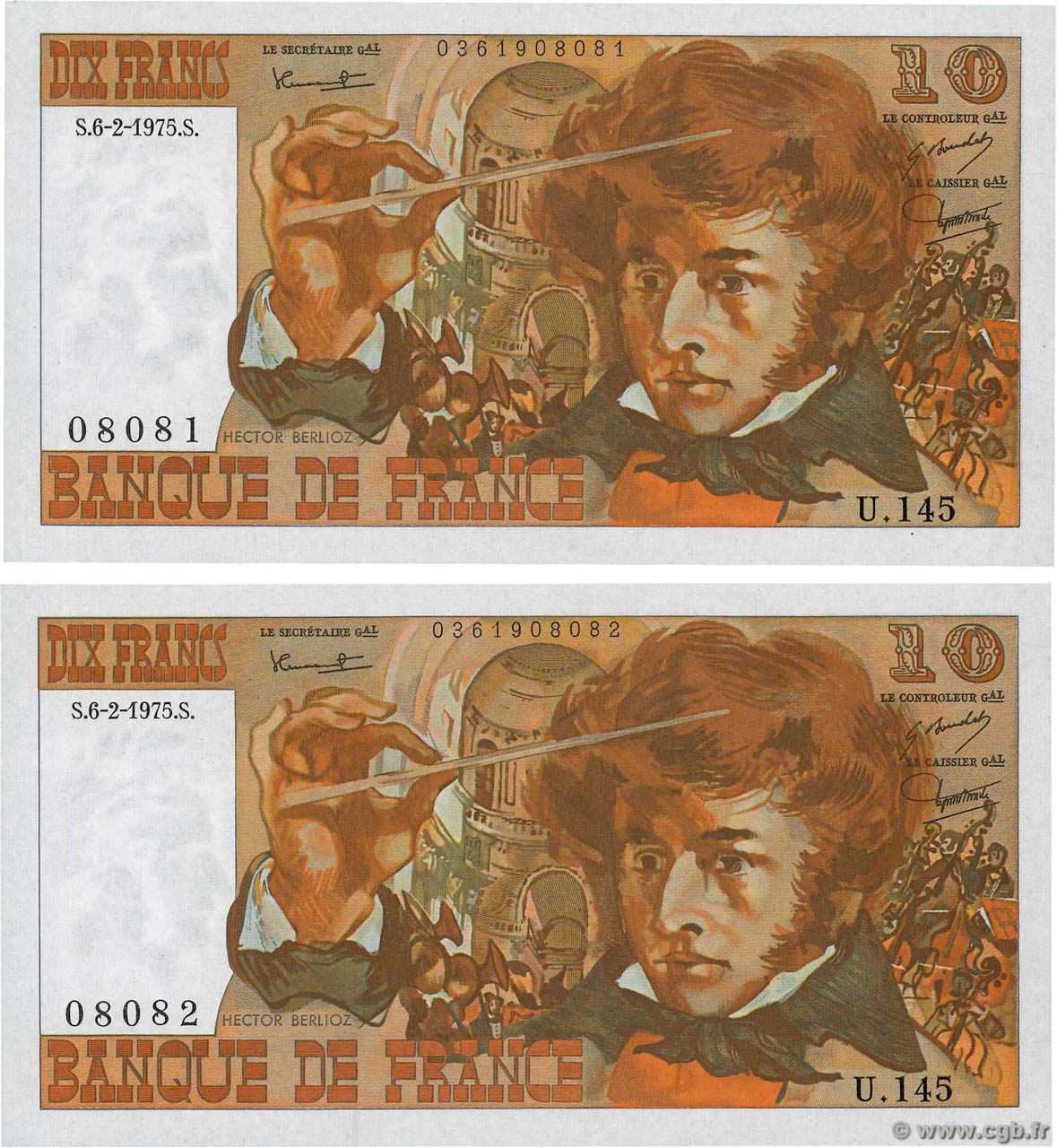 10 Francs BERLIOZ Consécutifs FRANCIA  1975 F.63.08 FDC