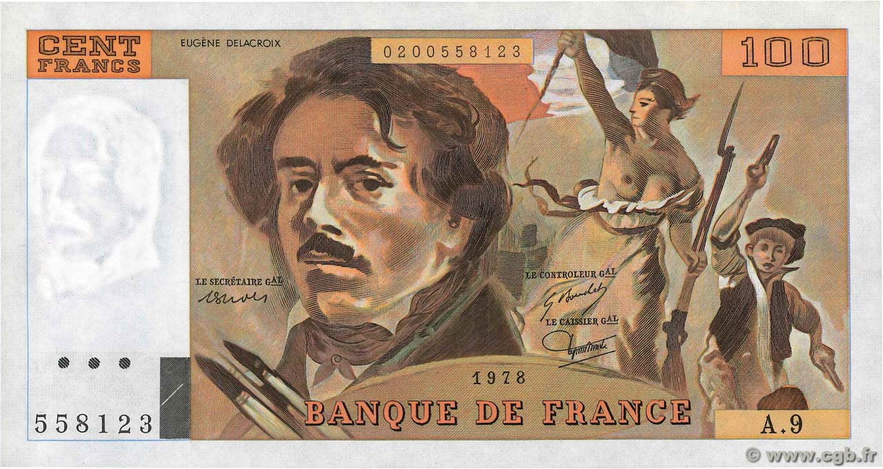 100 Francs DELACROIX modifié FRANCE  1978 F.69.01h UNC-