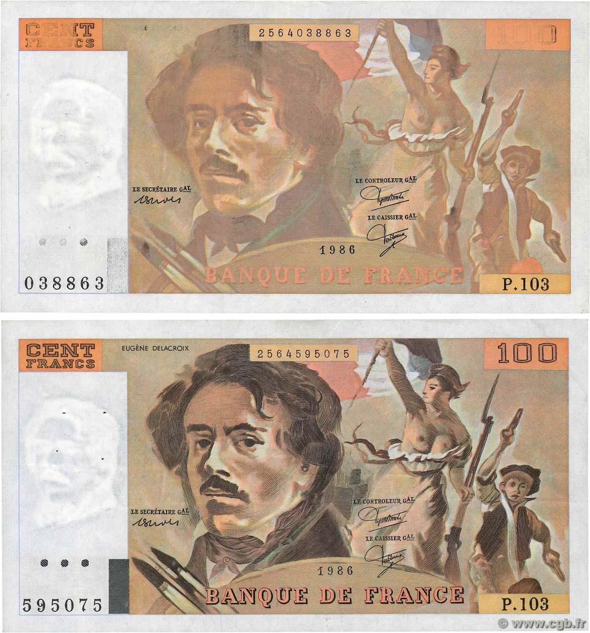 100 Francs DELACROIX modifié Fauté FRANCE  1986 F.69.10 VF+