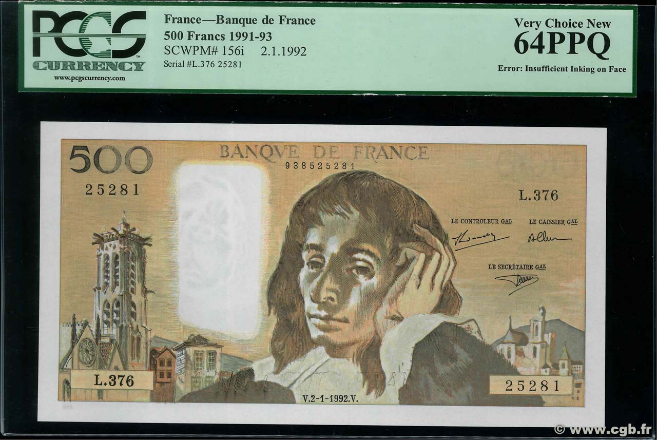 500 Francs PASCAL Fauté FRANCE  1992 F.71.49 NEUF