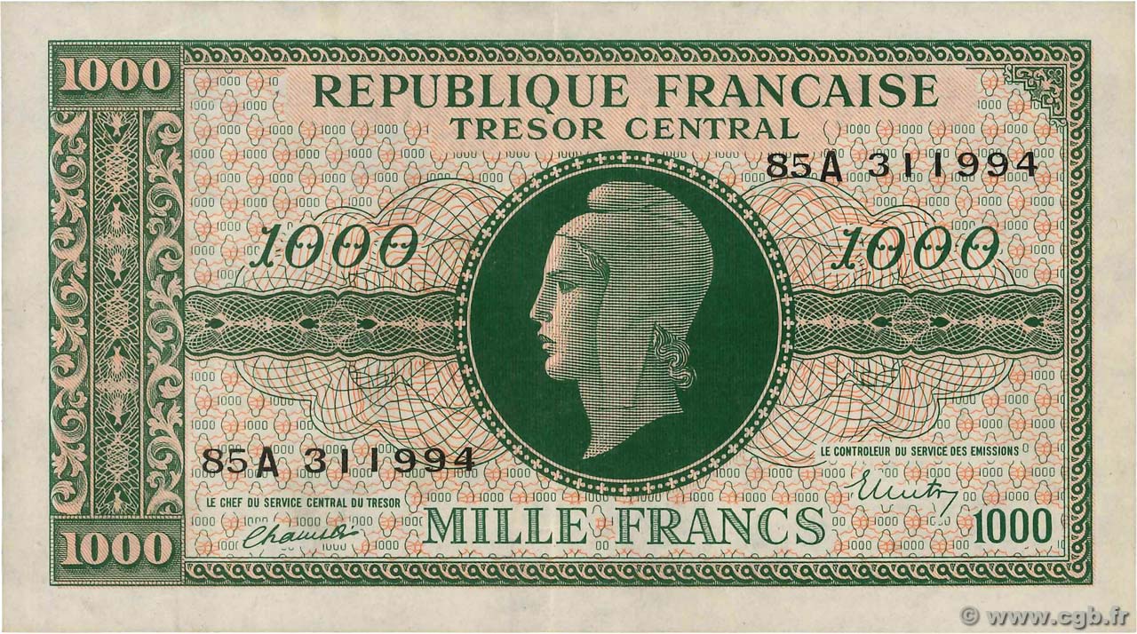 1000 Francs MARIANNE BANQUE D ANGLETERRE FRANCIA  1945 VF.12.01 EBC